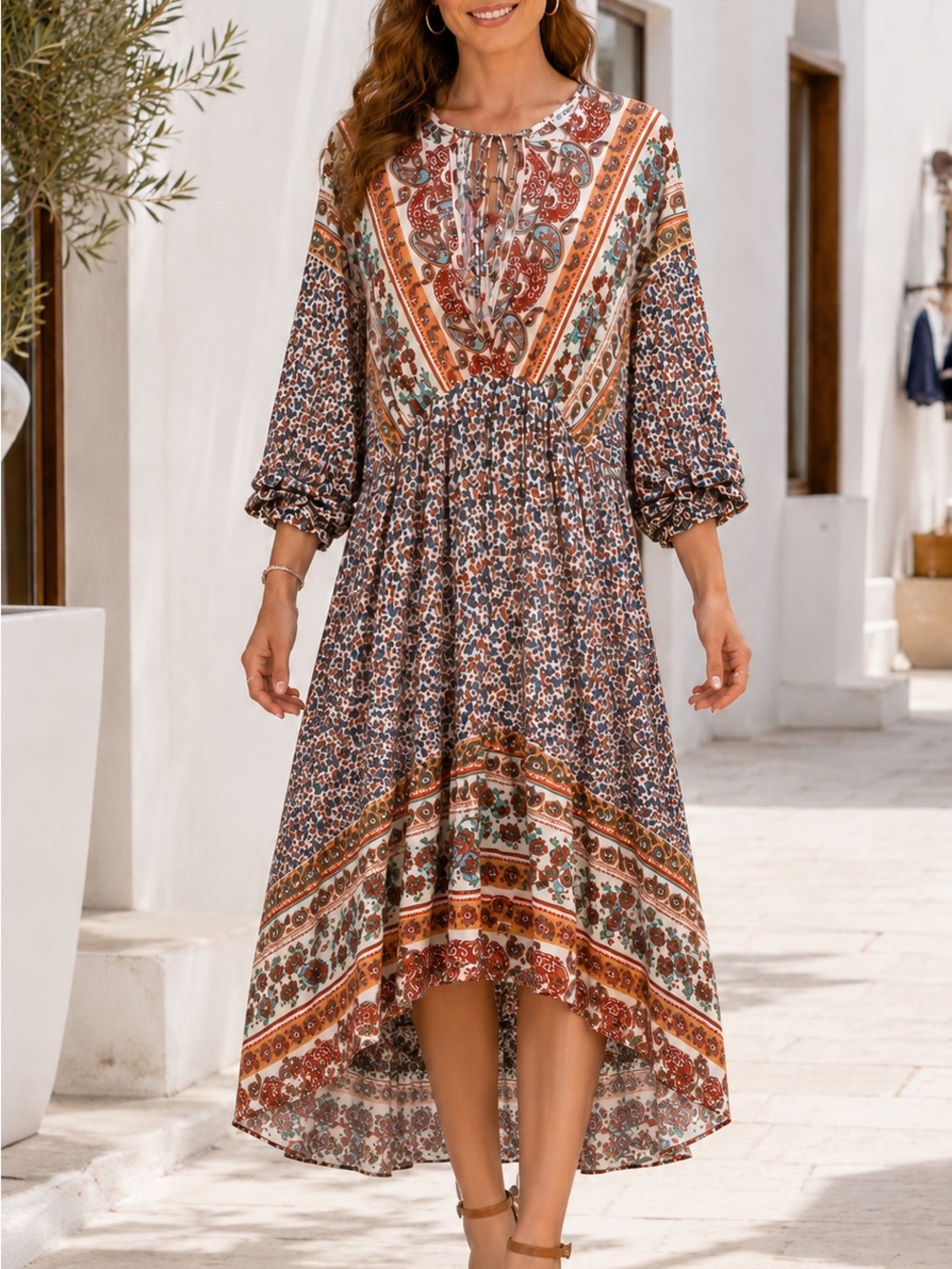 Bohemian Paisley Midi Dress in Rust Multi